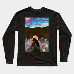 Girl enjoying coffee with a pink sunrise Long Sleeve T-Shirt